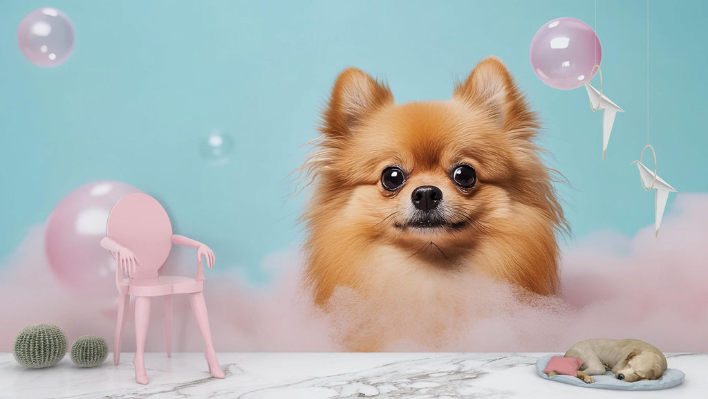 Fluffy Pomeranian Dog Wall Mural – Cute Dog Grooming Salon Wallpaper, Pet Spa Wall Decor, Pastel Pink Blue Dog Portrait Wallpaper