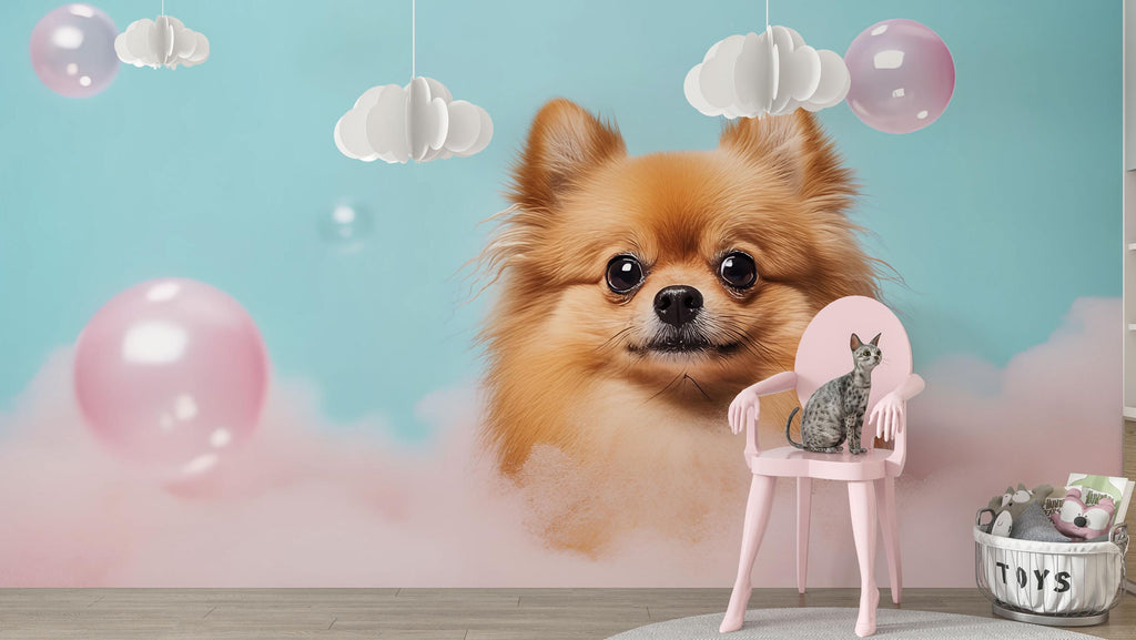 Fluffy Pomeranian Dog Wall Mural – Cute Dog Grooming Salon Wallpaper, Pet Spa Wall Decor, Pastel Pink Blue Dog Portrait Wallpaper