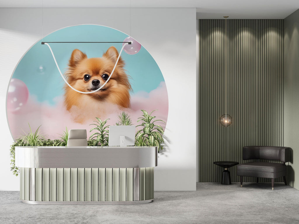 Fluffy Pomeranian Dog Wall Mural – Cute Dog Grooming Salon Wallpaper, Pet Spa Wall Decor, Pastel Pink Blue Dog Portrait Wallpaper
