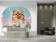 Load image into Gallery viewer, Fluffy Pomeranian Dog Wall Mural – Cute Dog Grooming Salon Wallpaper, Pet Spa Wall Decor, Pastel Pink Blue Dog Portrait Wallpaper