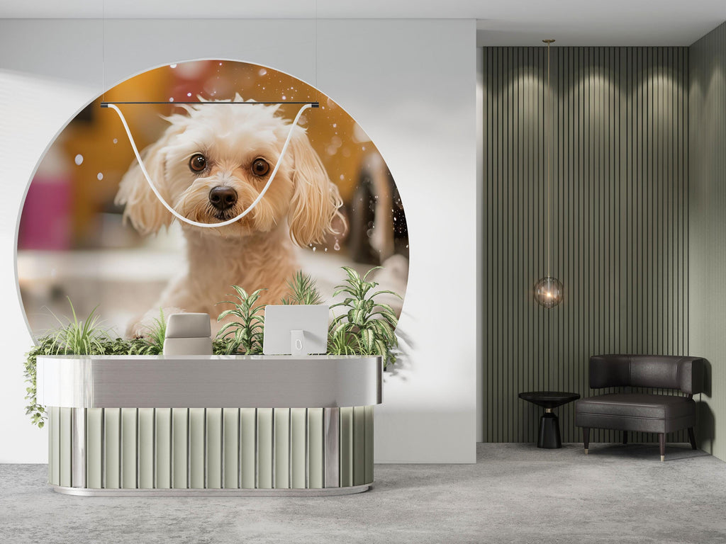 Cute Wet Dog Wall Mural – Funny Dog Grooming Salon Wallpaper, Pet Spa Wall Decor for Pet Salons, Puppy Wash Station Decor, Dog Portrait
