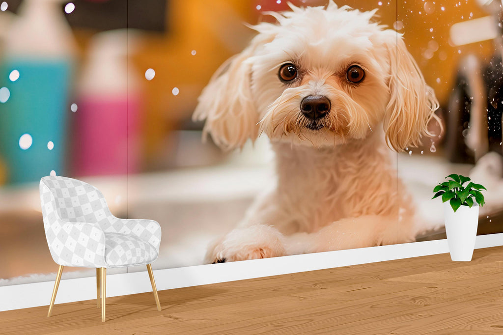 Cute Wet Dog Wall Mural – Funny Dog Grooming Salon Wallpaper, Pet Spa Wall Decor for Pet Salons, Puppy Wash Station Decor, Dog Portrait
