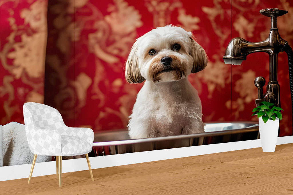 Dog Grooming Salon Wall Mural – Cute Wet Dog Wallpaper for Pet Spa Decor, Dog Wash Station, Pet Salon Backdrop, Custom Size Available