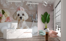 Load image into Gallery viewer, Dog Grooming Wall Mural – White Maltese Puppy in Bathtub with Floral Crown | Pet Spa Wall Art for Grooming Salon, Dog Wash, Vet Clinic Decor