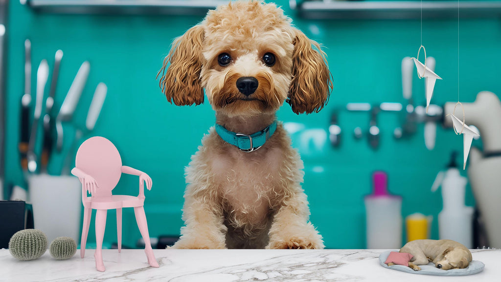 Dog Grooming Wall Mural – Cute Poodle with Blue Collar in Pet Salon | Dog Spa Backdrop, Grooming Studio Wall Art, Pet Boutique Decor