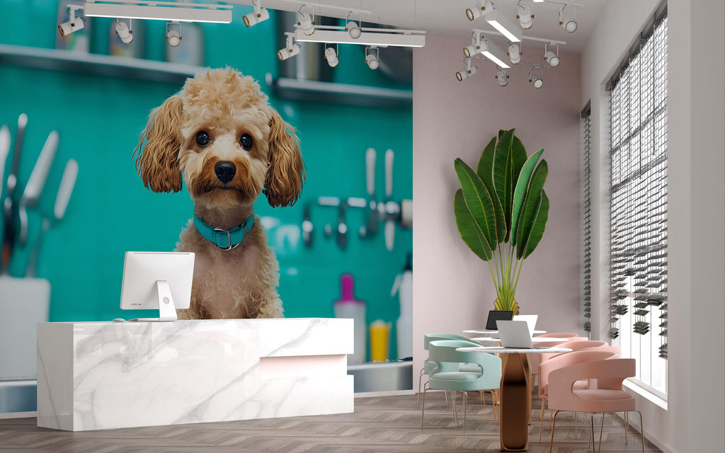 Dog Grooming Wall Mural – Cute Poodle with Blue Collar in Pet Salon | Dog Spa Backdrop, Grooming Studio Wall Art, Pet Boutique Decor