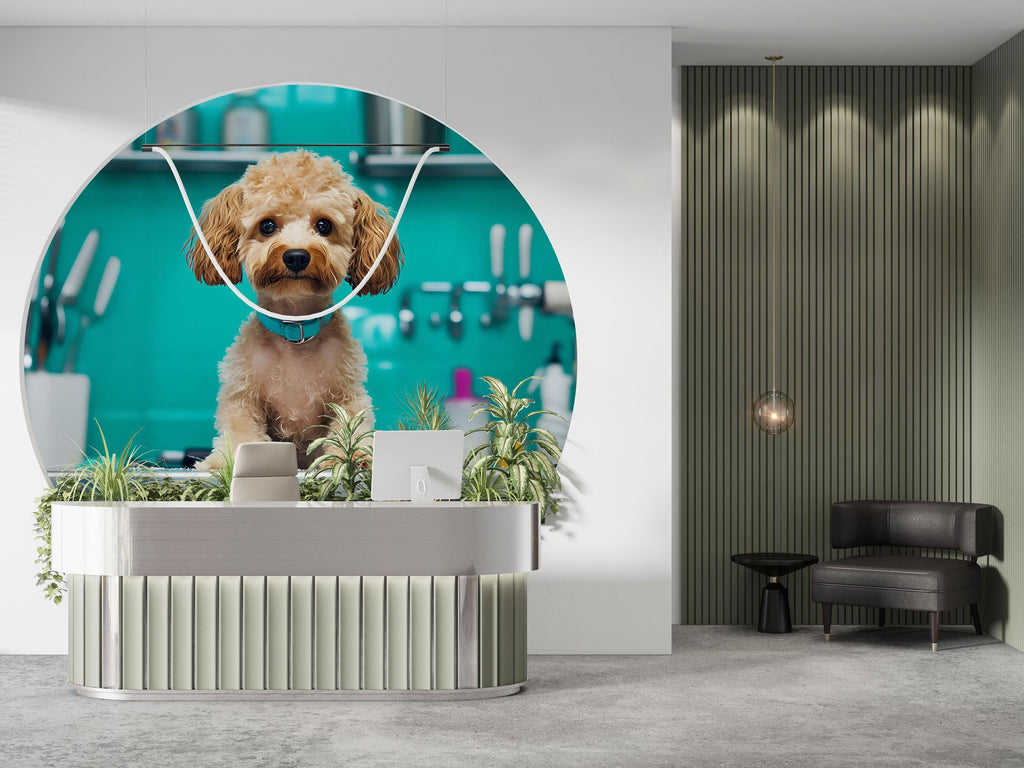 Dog Grooming Wall Mural – Cute Poodle with Blue Collar in Pet Salon | Dog Spa Backdrop, Grooming Studio Wall Art, Pet Boutique Decor