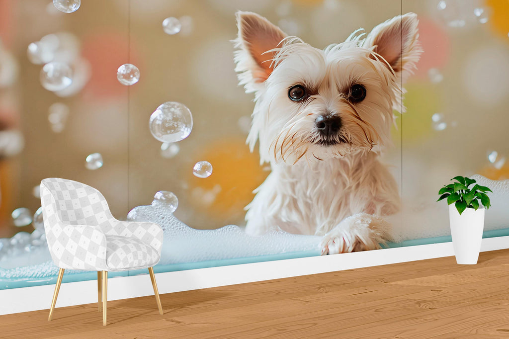Yorkie Dog Grooming Wall Mural – Bubble Bath Puppy Pet Salon Wallpaper | Cute Dog Spa Decor, Grooming Studio Backdrop, Pet Business Wall Art