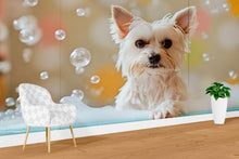 Load image into Gallery viewer, Yorkie Dog Grooming Wall Mural – Bubble Bath Puppy Pet Salon Wallpaper | Cute Dog Spa Decor, Grooming Studio Backdrop, Pet Business Wall Art