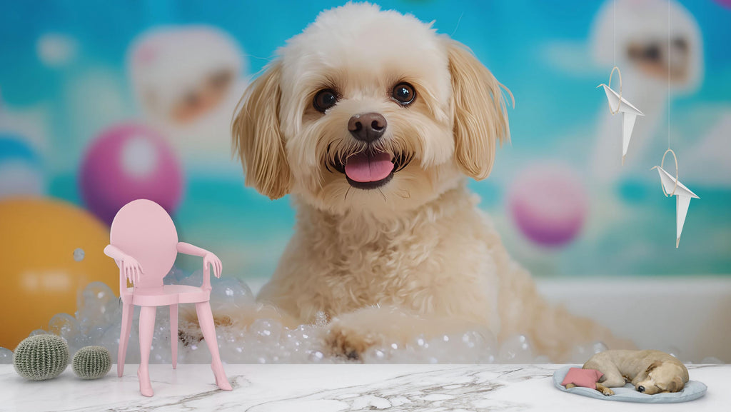 Bubble Bath Dog Wall Mural – Grooming Salon Wallpaper for Pet Spa & Dog Wash Decor | Cute Puppy Wall Art for Groomers, Vet Clinics