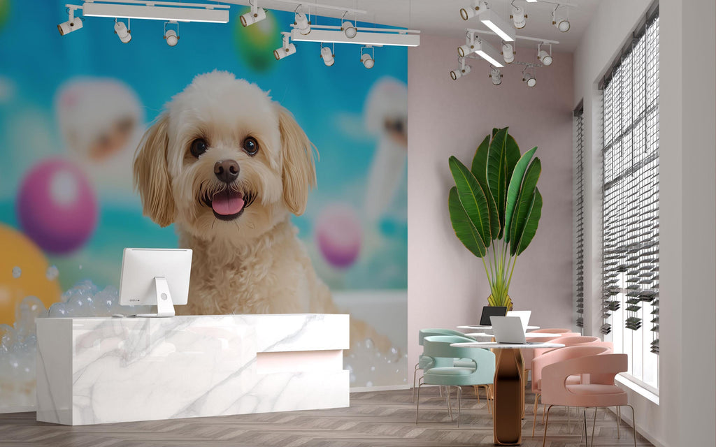 Bubble Bath Dog Wall Mural – Grooming Salon Wallpaper for Pet Spa & Dog Wash Decor | Cute Puppy Wall Art for Groomers, Vet Clinics
