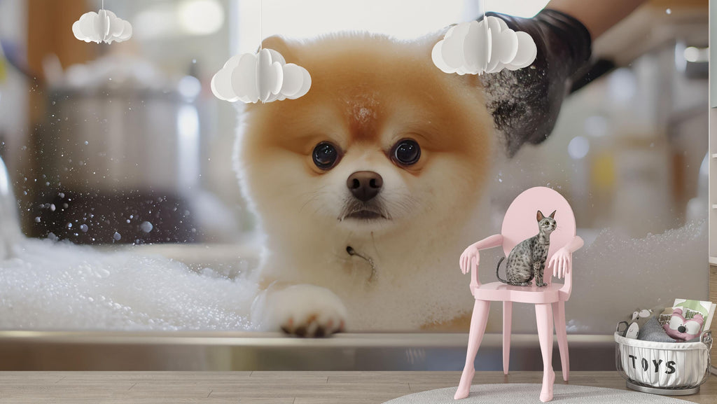 Pomeranian Dog Bath Wall Mural – Cute Dog Grooming Salon Wallpaper for Pet Spa Decor | Fluffy Puppy in Tub Pet Grooming Studio Backdrop