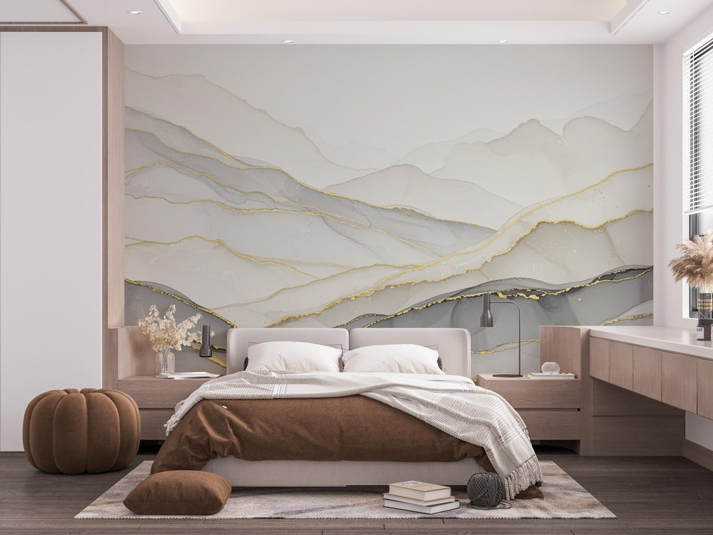 Abstract Marble Mountain Wallpaper with Gold Veins | White Grey Marble Peaks Peel and Stick Wall Mural | Subtle Luxury Wall Decor 787RS