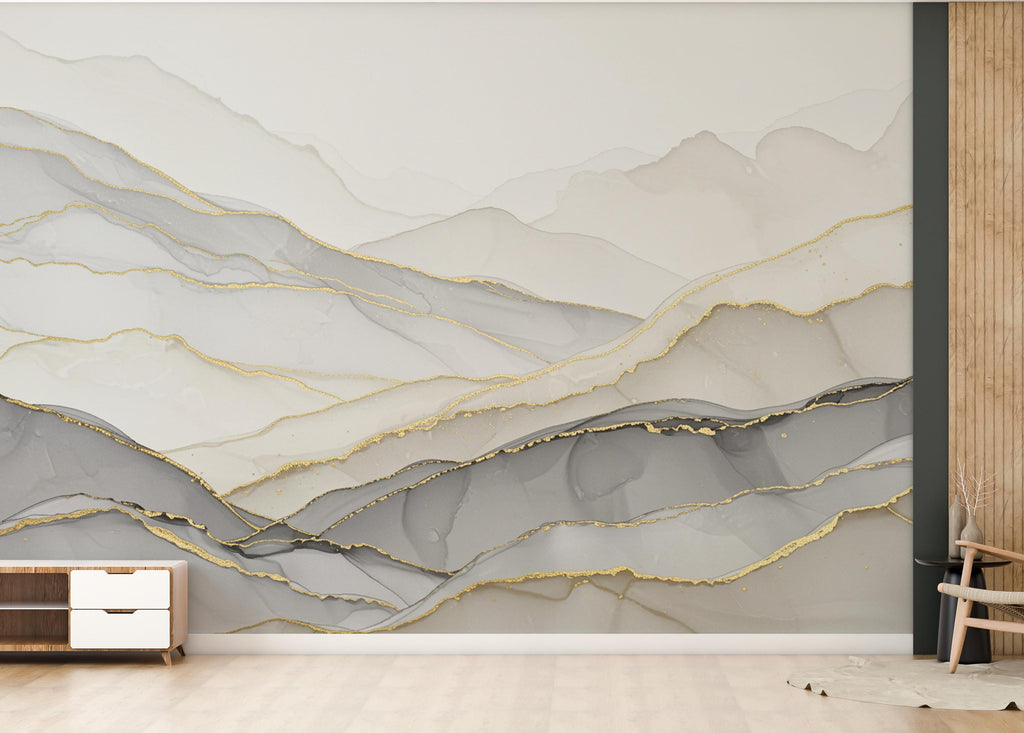 Abstract Marble Mountain Wallpaper with Gold Veins | White Grey Marble Peaks Peel and Stick Wall Mural | Subtle Luxury Wall Decor 787RS