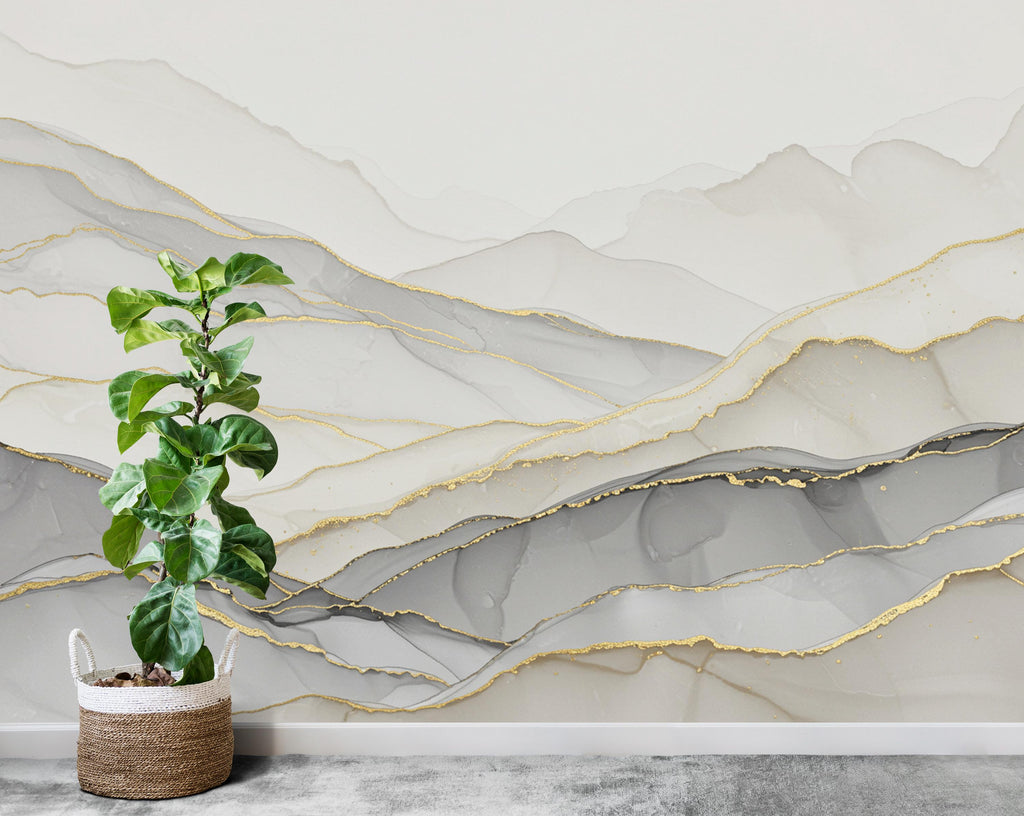 Abstract Marble Mountain Wallpaper with Gold Veins | White Grey Marble Peaks Peel and Stick Wall Mural | Subtle Luxury Wall Decor 787RS