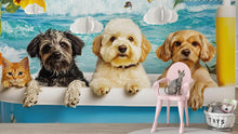 Load image into Gallery viewer, Dog Grooming Salon Wallpaper Pet Spa Decor With Dogs In Bathtub | Cute Cat And Dog Wall Mural For Groomers | Funny Pet Wash Wall Art