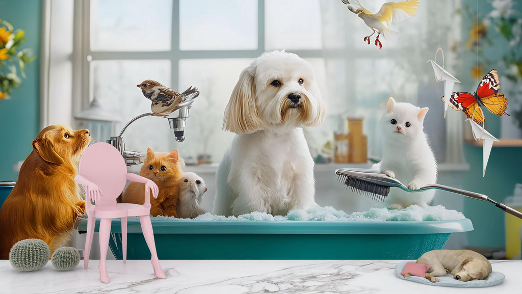 Dog Grooming Spa Wallpaper With Cute Dogs Cats And Birds In Bathtub | Modern Pet Salon Wall Mural | Animal Theme Wall Art For Groomers