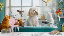 Load image into Gallery viewer, Dog Grooming Spa Wallpaper With Cute Dogs Cats And Birds In Bathtub | Modern Pet Salon Wall Mural | Animal Theme Wall Art For Groomers