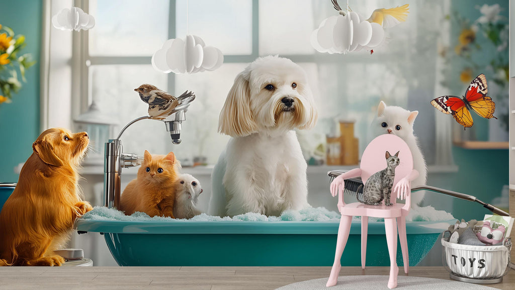 Dog Grooming Spa Wallpaper With Cute Dogs Cats And Birds In Bathtub | Modern Pet Salon Wall Mural | Animal Theme Wall Art For Groomers