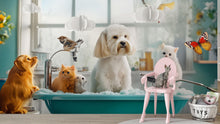 Load image into Gallery viewer, Dog Grooming Spa Wallpaper With Cute Dogs Cats And Birds In Bathtub | Modern Pet Salon Wall Mural | Animal Theme Wall Art For Groomers