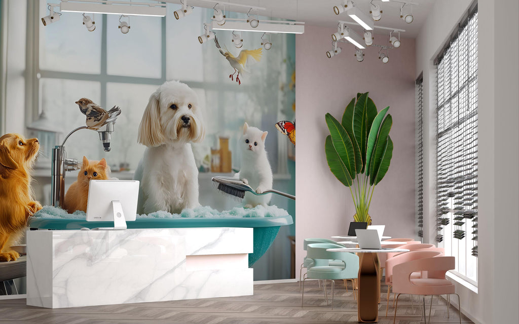 Dog Grooming Spa Wallpaper With Cute Dogs Cats And Birds In Bathtub | Modern Pet Salon Wall Mural | Animal Theme Wall Art For Groomers