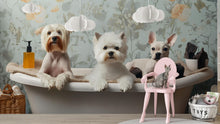 Load image into Gallery viewer, Dog Grooming Wall Mural With Cute Dogs In Bathtub And Floral Background | Vintage Pet Spa Wallpaper | Grooming Salon Decor For Pet Lovers