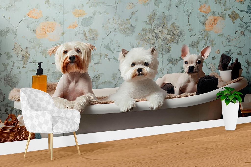 Dog Grooming Wall Mural With Cute Dogs In Bathtub And Floral Background | Vintage Pet Spa Wallpaper | Grooming Salon Decor For Pet Lovers