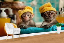 Load image into Gallery viewer, Funny Monkey Spa Wall Mural With Baby Monkeys In Towels | Playful Jungle Bathroom Wallpaper | Pet Spa Decor Or Dog Grooming Salon Gift