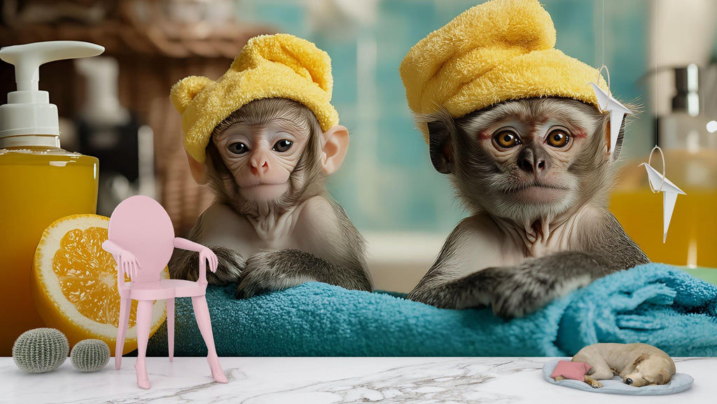 Funny Monkey Spa Wall Mural With Baby Monkeys In Towels | Playful Jungle Bathroom Wallpaper | Pet Spa Decor Or Dog Grooming Salon Gift