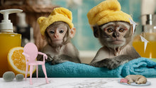 Load image into Gallery viewer, Funny Monkey Spa Wall Mural With Baby Monkeys In Towels | Playful Jungle Bathroom Wallpaper | Pet Spa Decor Or Dog Grooming Salon Gift