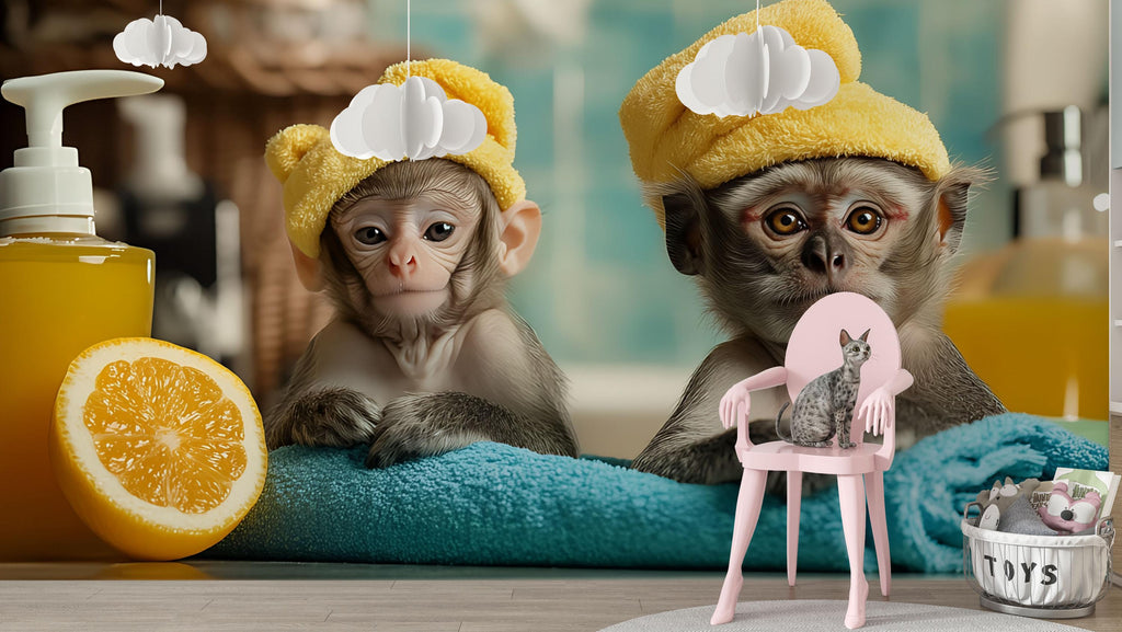Funny Monkey Spa Wall Mural With Baby Monkeys In Towels | Playful Jungle Bathroom Wallpaper | Pet Spa Decor Or Dog Grooming Salon Gift