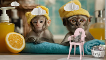 Load image into Gallery viewer, Funny Monkey Spa Wall Mural With Baby Monkeys In Towels | Playful Jungle Bathroom Wallpaper | Pet Spa Decor Or Dog Grooming Salon Gift