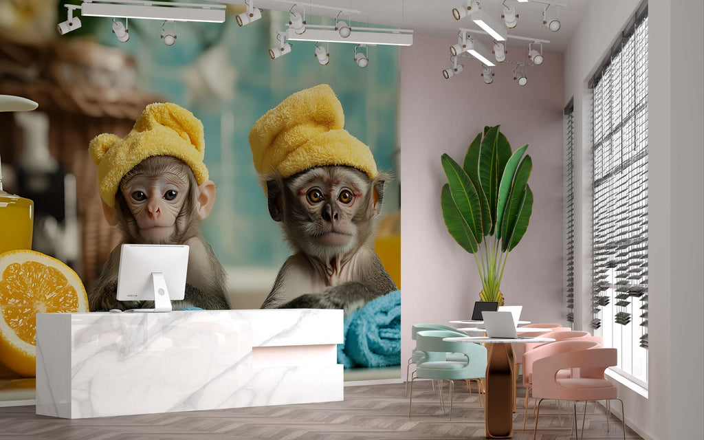 Funny Monkey Spa Wall Mural With Baby Monkeys In Towels | Playful Jungle Bathroom Wallpaper | Pet Spa Decor Or Dog Grooming Salon Gift