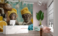 Load image into Gallery viewer, Funny Monkey Spa Wall Mural With Baby Monkeys In Towels | Playful Jungle Bathroom Wallpaper | Pet Spa Decor Or Dog Grooming Salon Gift