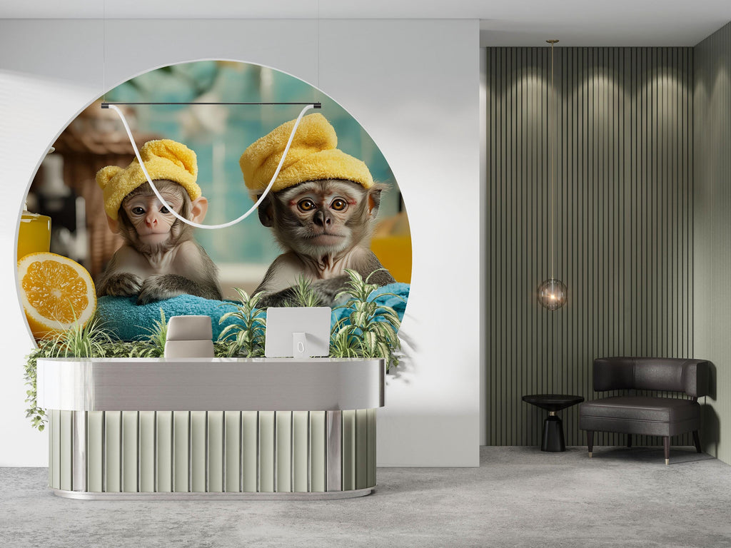 Funny Monkey Spa Wall Mural With Baby Monkeys In Towels | Playful Jungle Bathroom Wallpaper | Pet Spa Decor Or Dog Grooming Salon Gift