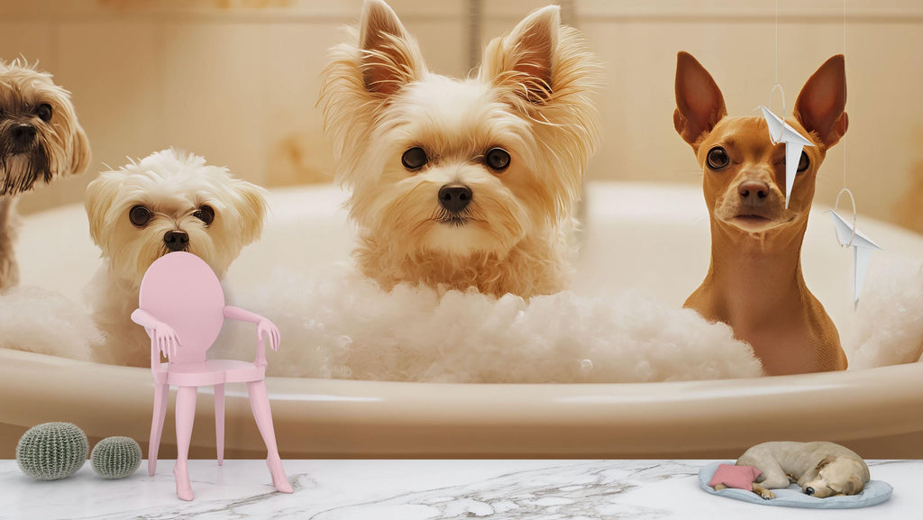Dog Grooming Salon Wallpaper With Cute Dogs In Bubble Bath | Modern Pet Spa Wall Mural For Groomers | Stylish Animal Decor For Pet Salon