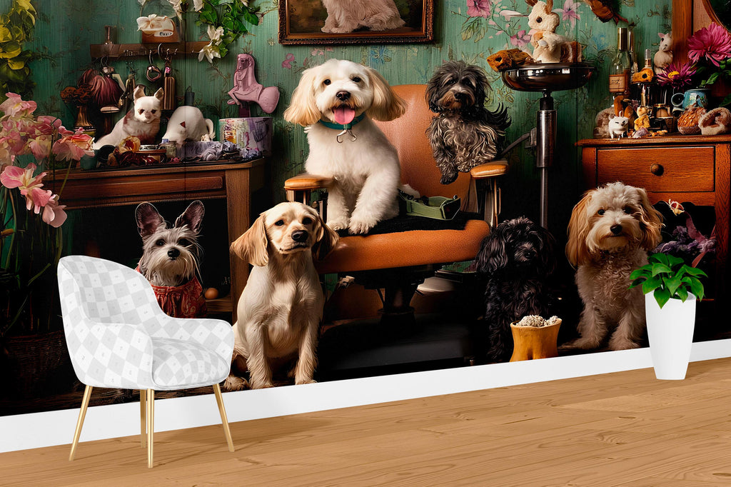 Whimsical Dog Grooming Salon Wallpaper With Vintage Decor | Funny Pet Spa Wall Mural With Cute Dogs And Cats | Groomer Decor Gift