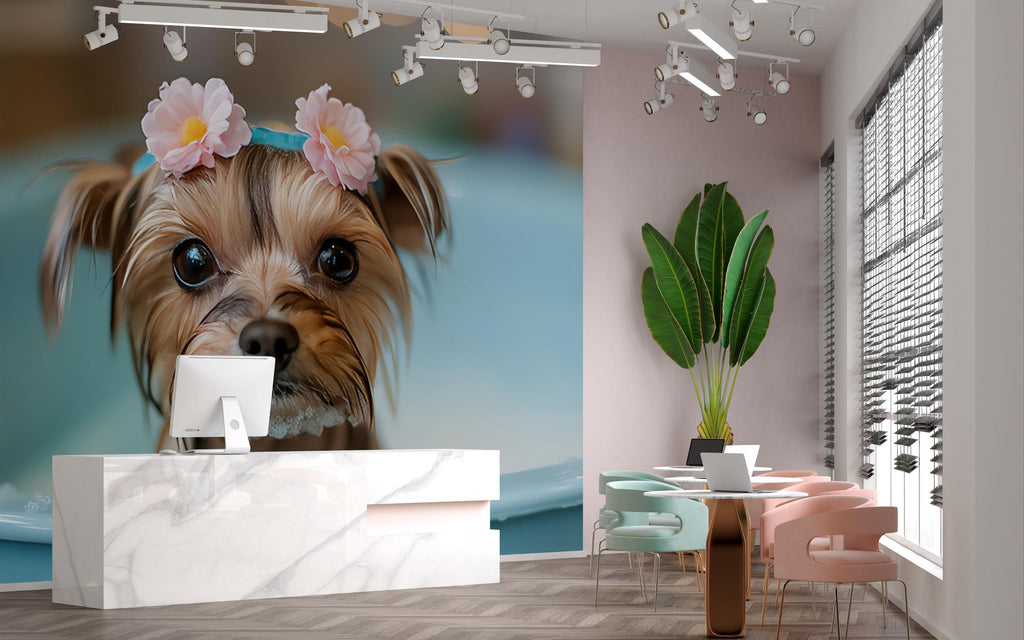 Yorkie Dog Grooming Spa Wallpaper With Cute Floral Bath Scene | Pet Salon Wall Mural For Groomers Pretty Dog Decor Gift For Grooming Studio