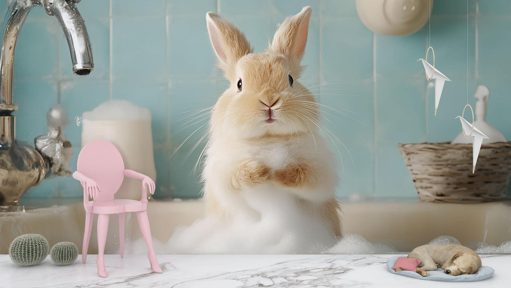 Cute Bunny Grooming Spa Wallpaper With Fluffy Rabbit In Bathtub | Adorable Animal Mural For Pet Salon Or Kids Spa | Pastel Wall Art Gift