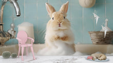 Load image into Gallery viewer, Cute Bunny Grooming Spa Wallpaper With Fluffy Rabbit In Bathtub | Adorable Animal Mural For Pet Salon Or Kids Spa | Pastel Wall Art Gift
