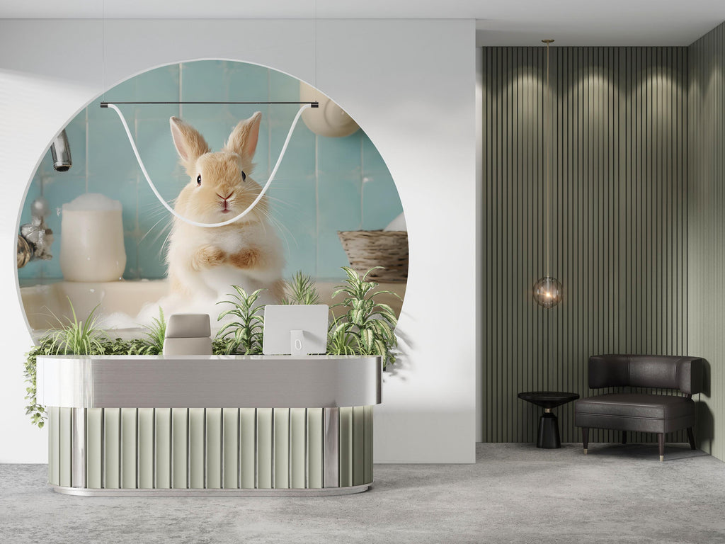 Cute Bunny Grooming Spa Wallpaper With Fluffy Rabbit In Bathtub | Adorable Animal Mural For Pet Salon Or Kids Spa | Pastel Wall Art Gift