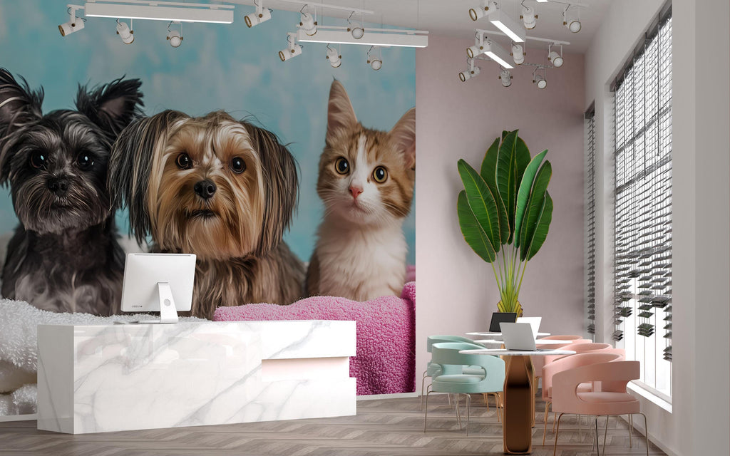 Dog And Cat Grooming Spa Wallpaper With Pets Wrapped In Towels | Cute Animal Wall Mural For Pet Salon Or Vet Office | Dog Groomer Gift