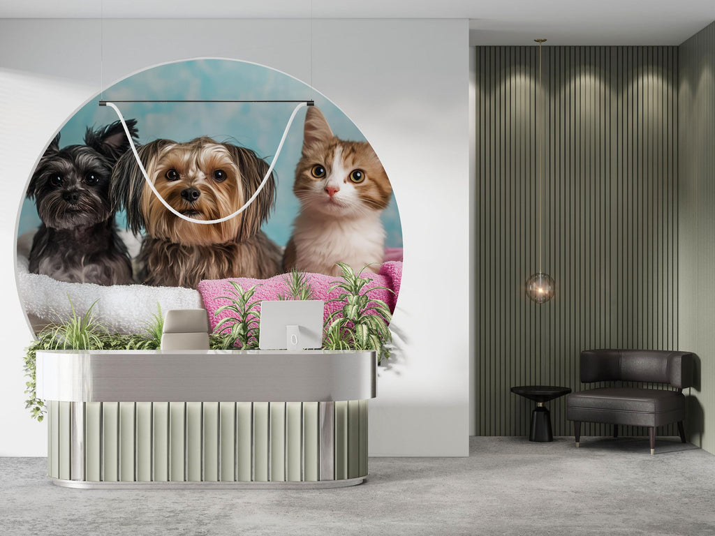 Dog And Cat Grooming Spa Wallpaper With Pets Wrapped In Towels | Cute Animal Wall Mural For Pet Salon Or Vet Office | Dog Groomer Gift
