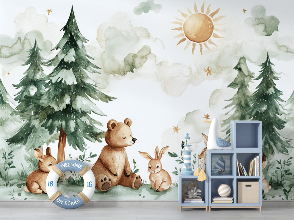 Woodland Animal Nursery Wall Mural – Forest Bear Bunny Giraffe Wallpaper – Kids Room Décor, Watercolor Nature Theme Vn002