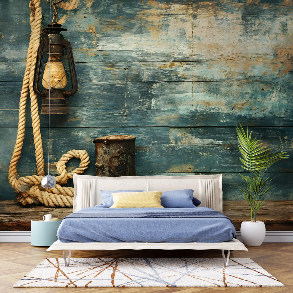 Rustic Nautical Wall Mural | Coastal Rope Lantern Backdrop | Beach House Decor | Ocean Cottage Wall Art | Vintage Marine Background Vn069