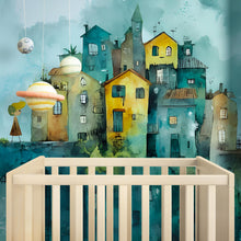 Load image into Gallery viewer, Whimsical Village Nursery Wall Art | Watercolor Houses Mural with Planet Mobile | Dreamy Baby Room Decor Vn086