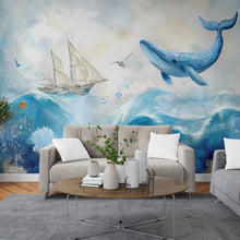 Load image into Gallery viewer, Ocean Whale Wall Mural – Nautical Sea Life Wallpaper, Blue Whale and Sailboat Wall Art, Underwater Marine Theme Accent Wall Décor Vn090