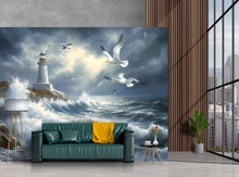 Load image into Gallery viewer, Lighthouse Ocean Wave Wall Mural – Stormy Sea Seagull Art Wallpaper, Coastal Nautical Decor Vn091