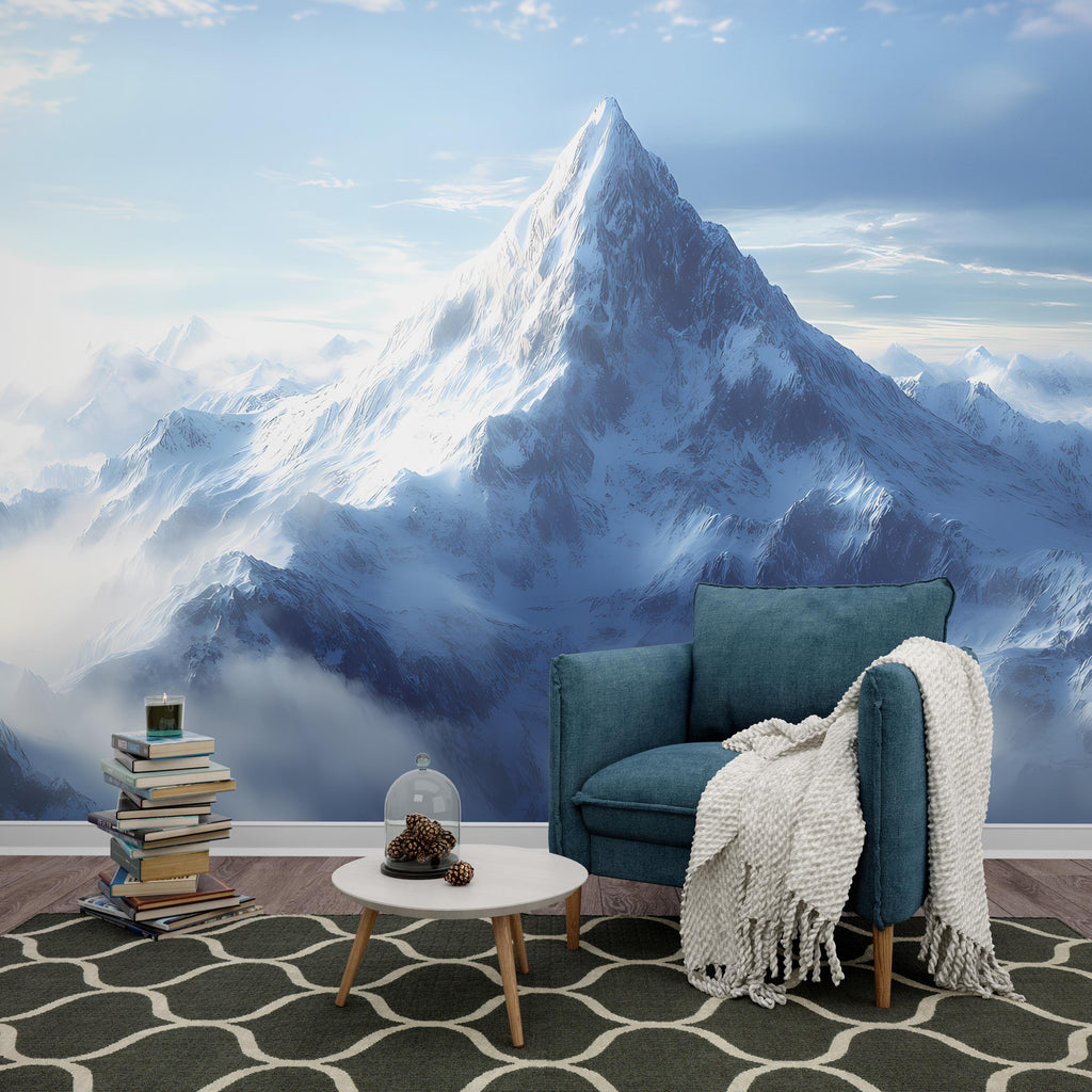 Snowy Mountain Wall Mural | Scenic Winter Mountain Wallpaper for Living Room | Modern Nature Landscape Art Décor Vn095