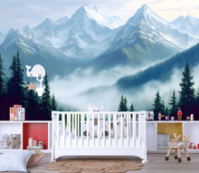 Load image into Gallery viewer, Mountain Nursery Wall Art Mural – Misty Forest Crib Backdrop – Gender Neutral Baby Room Decor – Scenic Wallpaper for Kids Room Vn096